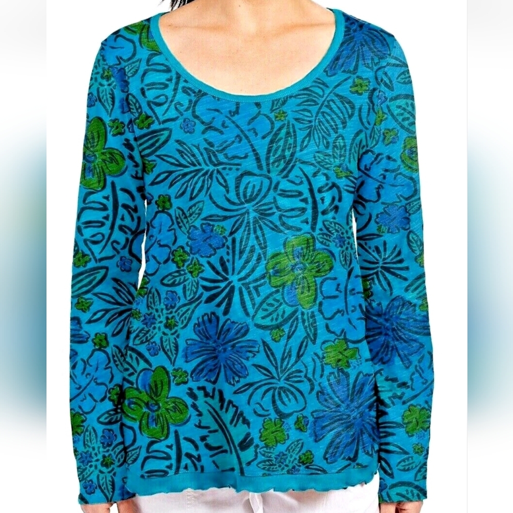 Fresh Produce Sketched Flora Seaport Blue Byron Top Size Large - Picture 1 of 9